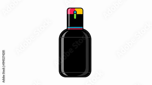 Stylized black bottle with a colorful cap and blue band