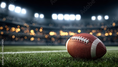A football rests on a stadium field under bright lights, with blurred spectators in the background