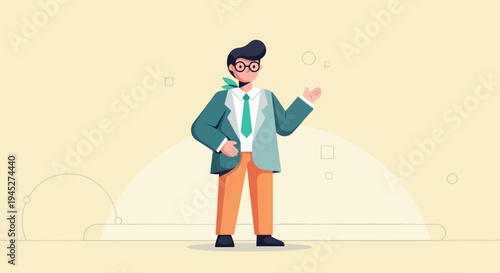 Stylized man in teal suit and orange pants, waving hello with one hand