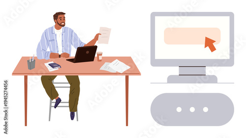 Business management, work productivity, digital tools, remote work, paperwork, communication. A person at a desk reviewing papers with a computer showing a highlighted cursor. Business management