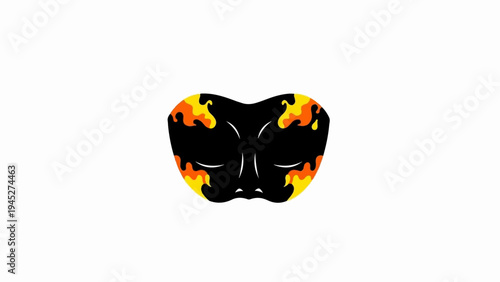Stylized black mask with fiery orange and yellow accents