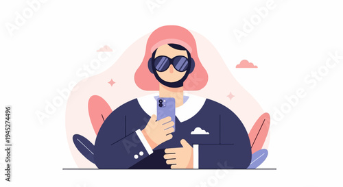 Person wearing headphones and sunglasses holds a smartphone, with abstract shapes and leaves in background