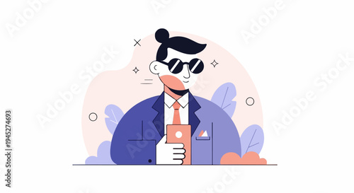 Stylized man in suit with sunglasses holding a phone, surrounded by abstract shapes and leaves