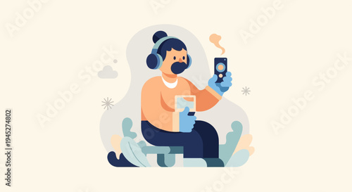 Person wearing headphones, holding a phone and a drink outdoors