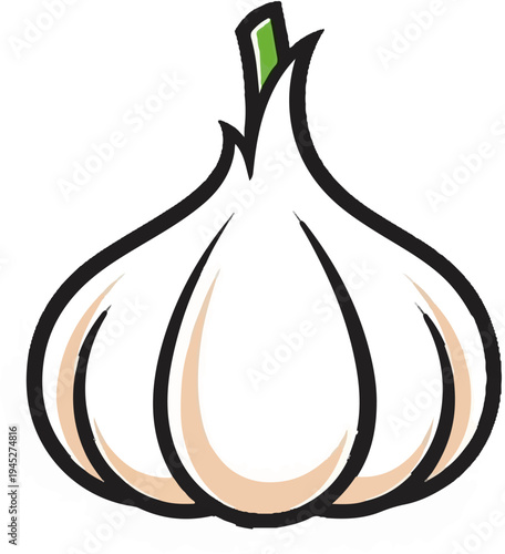 Simple line art illustration of a white garlic bulb with green stem