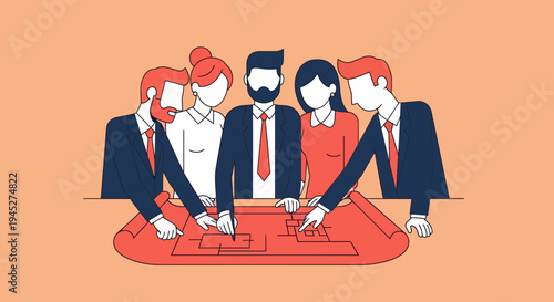 Business professionals engaged in data analysis during a meeting around a table.