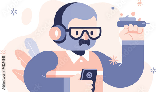 Stylized man with headphones, glasses, phone, and vape device
