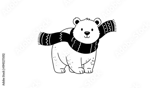 Cheerful polar bear walking with knitted winter muffler scarf vector illustration isolated on white background