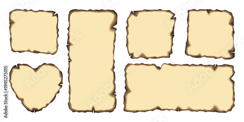 Burnt beige paper with fired edge, corner effect. Flame damaged vector page, old parchment round border with torn black ripped texture. Realistic ash note sheet frame, square heart rectangle piece