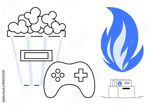 Entertainment and employment trends. Popcorn, gaming, and resumes in flames depict shifting interests, video gaming culture, and job concerns. Relevant for entertainment, career shifts, gaming