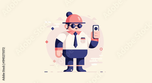 Stylized person with glasses and hat takes a selfie with a phone