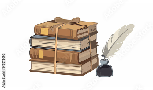 Vintage stack of old books with feather quill pen and ink bottle classic writing vector illustration isolated on white background
