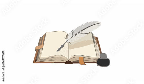Open antique book with feather quill pen and ink bottle classic literature vector illustration isolated on white background