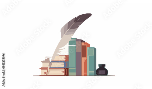 Old vintage books stack with decorative feather quill pen classic writing vector illustration isolated on white background