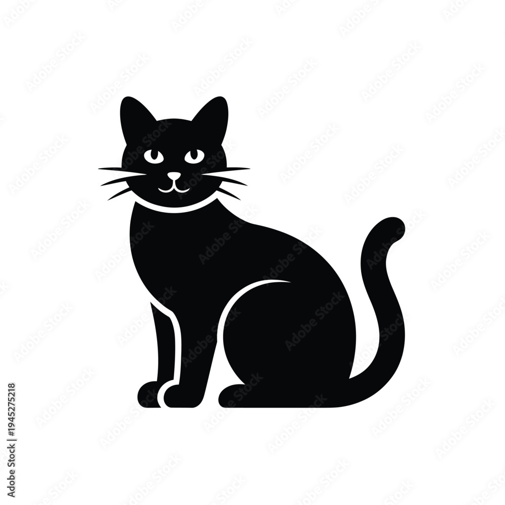 Fototapeta premium Simple black silhouette of a seated domestic cat facing forward