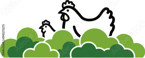 Two chickens peek out from behind rounded green bushes