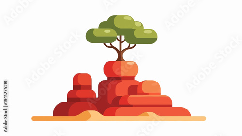 Stylized desert landscape with a lone tree atop red rock formations