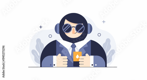 Stylized figure in suit and sunglasses holds a beverage with a drop symbol