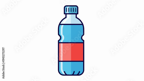 Stylized blue bottle with a red label containing clear liquid