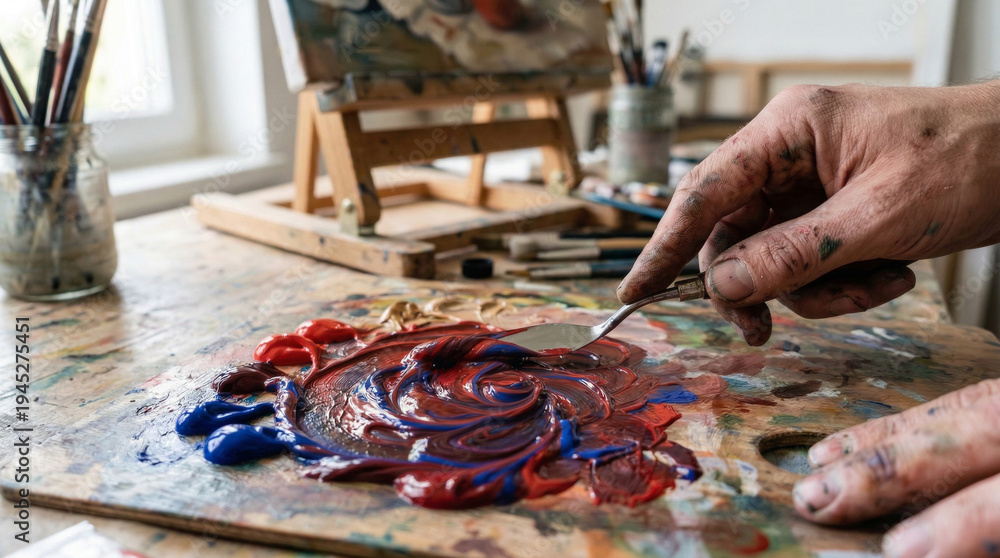 Fototapeta premium Artist mixing vibrant colors in tray with creative atmosphere in studio