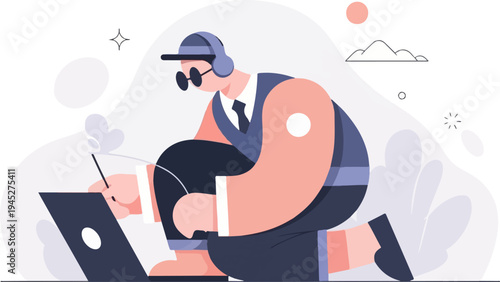 Stylized figure with headphones and glasses working on laptop, minimalist design
