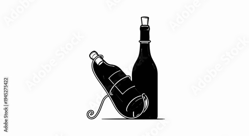 Two dark bottles, one on a stand, against a white background