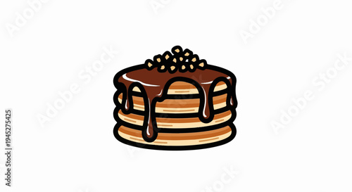 Stacked pancakes with chocolate syrup and nuts, cartoon style