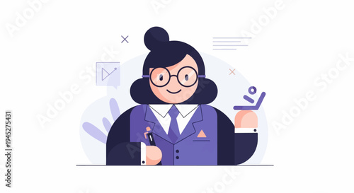 Stylized illustration of a woman in a suit holding a pen and a laptop