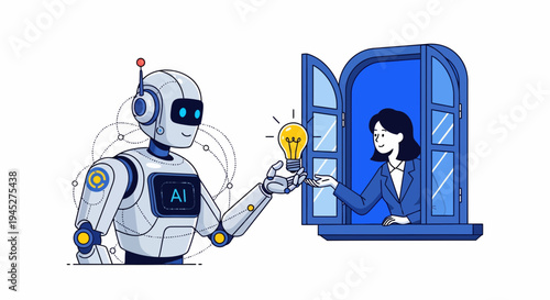 Robot presents data analysis findings to businesswoman in a meeting