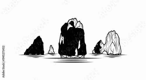 Stark ink drawing of jagged limestone karst formations emerging from still water