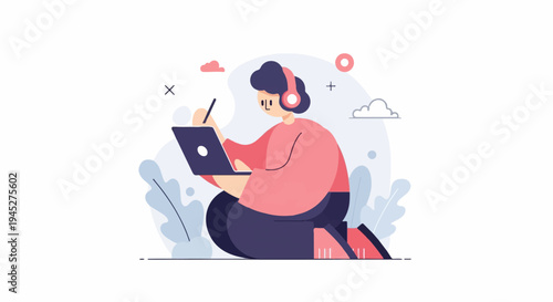 Person wearing headphones works on a laptop surrounded by abstract shapes
