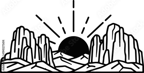 Stylized line art depicts a sun rising behind rugged mountain peaks and rock formations
