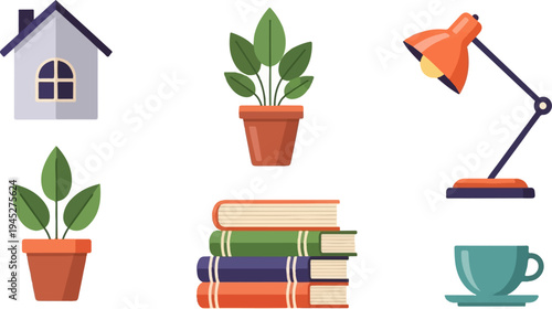 Still life of home and study items house, potted plants, desk lamp, books, and tea
