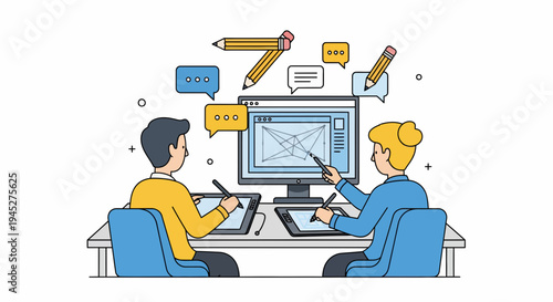 Business professionals engaged in data analysis meeting at office desk with computer and graphs