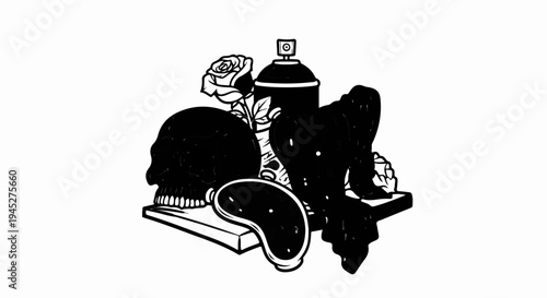 Still life with skull, rose, spray can, and spilling liquid
