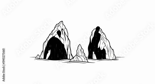 Stark black and white illustration of rugged rock formations rising from water