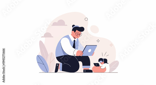 Stylized flat illustration of people using technology, surrounded by abstract shapes