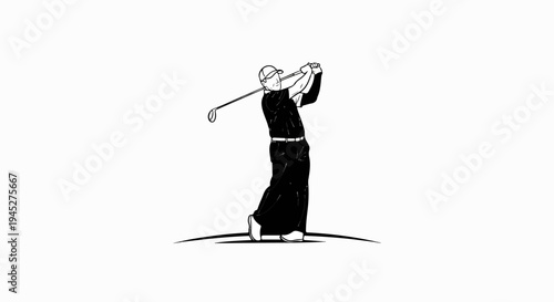 Stylized golfer in mid-swing, rendered in black and white