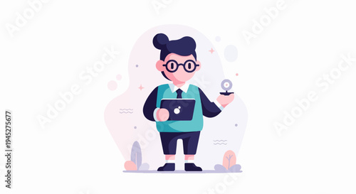 Stylized person with glasses holding laptop and webcam