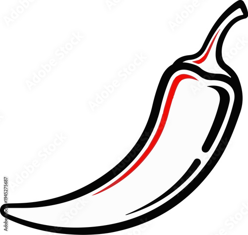Stylized graphic of a red and black chili pepper on a white background