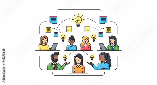 Online meeting illustration showing diverse people sharing ideas and collaborating virtually over laptops and tablets
