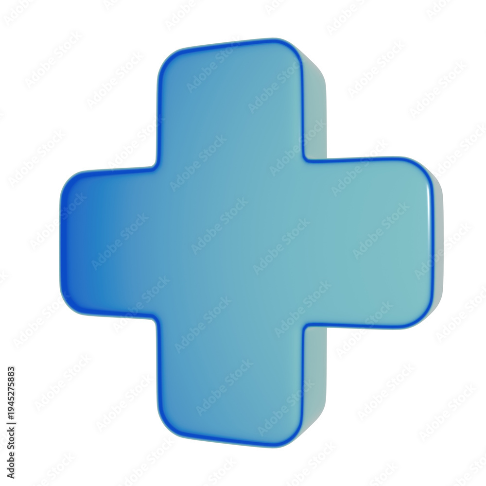 Obraz premium 3D perspective render of a glossy light blue glass cross symbol floating. Ideal for positive mathematics signs, tech UI design, or healthcare and hospital graphics