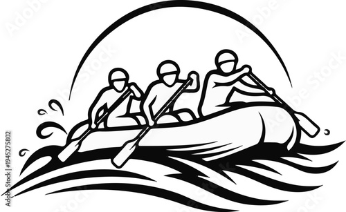 Stylized graphic of three people in a raft paddling downstream