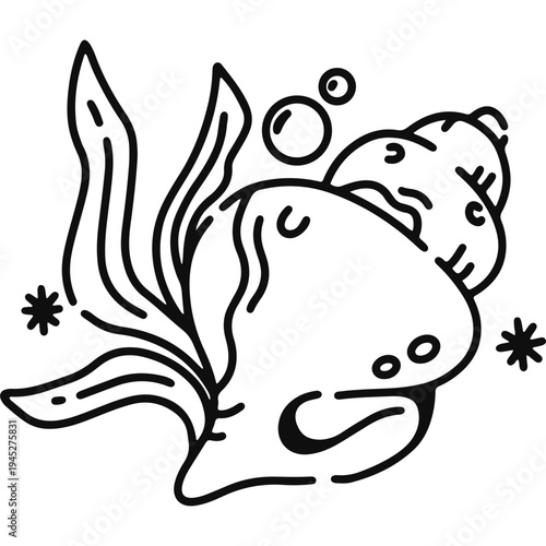 Seashell And Seaweed Line Art