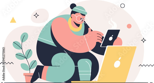 Stylized person with glasses working on laptop and tablet with plant