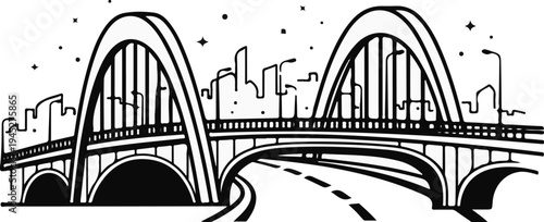 Stylized line art of a large bridge spanning a city skyline under a starry night