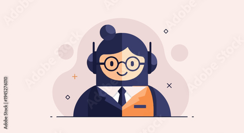 Stylized cartoon figure in suit with headphones and glasses