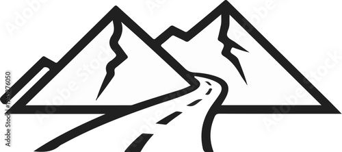Stylized mountain peaks with a winding road leading through them