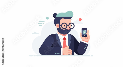Stylish cartoon man in suit with glasses holding up a phone showing a checkmark