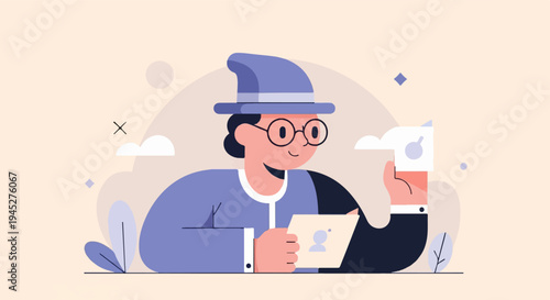 Stylized figure in a hat and glasses, holding a card with a profile picture